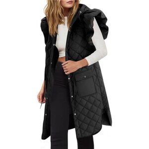 Women's Long Puffer Vest Ruffle Sleeve Winter Coat Hood Quilted Jacket